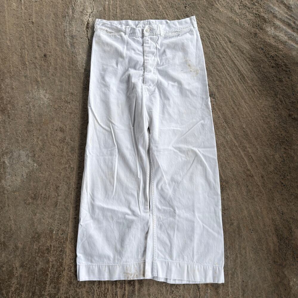 Vtg US Navy Bell Bottom Wide Leg Trousers Pants White Americana Stencil 30x28